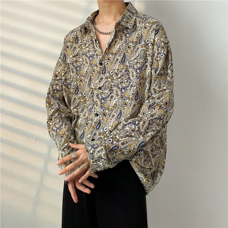 2024 Spring Autumn New Cashew Flower Print Long-sleeved Shirt Korean style Loose Casual Tee Tops Men All-Match Blouse