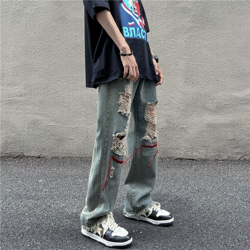 2023 Street high Street pants ins trendy embroidered worn-out hole denim jeans men men's beggar floor mop pants streetwear New