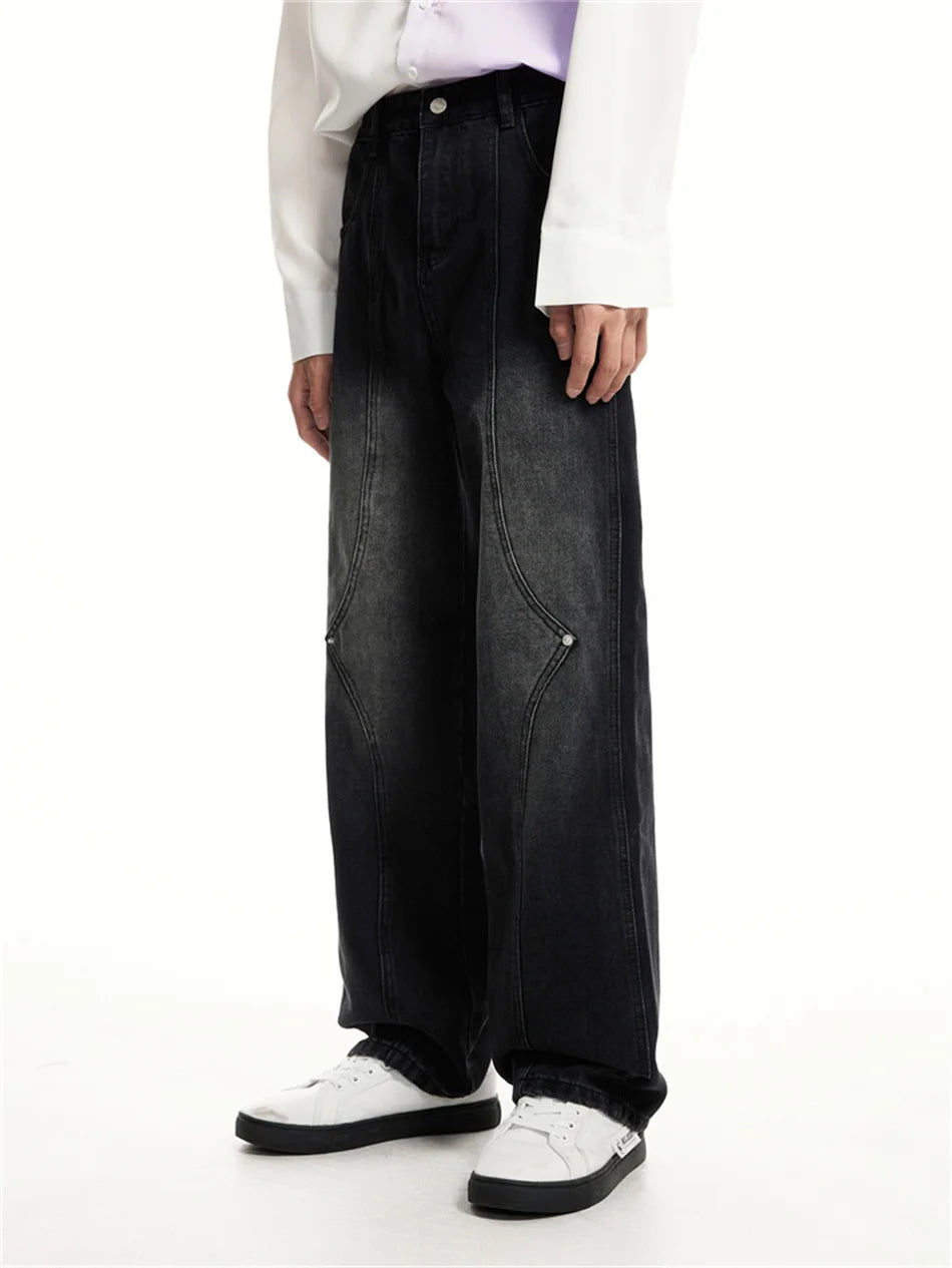 Relay's new Korean version of loose fitting straight mid rise denim jeans with stitching and buckle design for men and