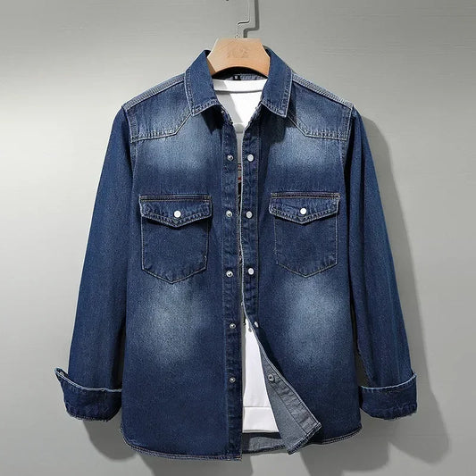 Japanese Korean Trend Long-sleeved Retro Denim Shirt Men's Fashion Casual All-match Jean Shirt Trend Casual Denim Coat Clothes