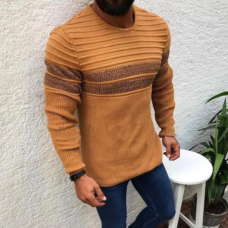 Classic Pleated Crochet Knitting Sweater Men Vintage Striped Jacquard Knit Tops Fall Winter Warm Knitted Bottoming Sweaters Male
