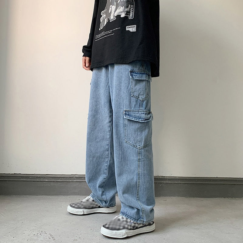 Baggy Men Jeans Straight Cargo Pants Spring Autumn Fashion Vintage Blue Denim Trousers Casual Oversized Bottoms Male Y2K Clothes