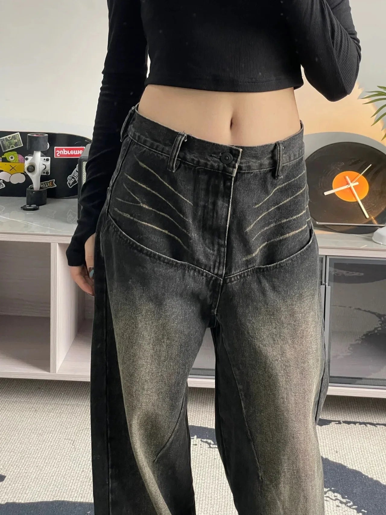 Spring and Autumn American style washed black jeans, men's and women's high street spicy girls straight tube wide leg long pants