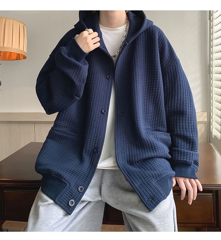 Spring Autumn Winter Fashion Casual Cardigan Jacket Men's Loose Cool Boys Soft Solid Button Hoodie Knitted Waffle Coat