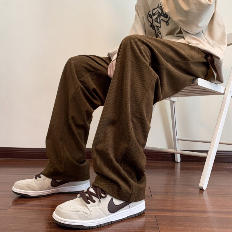 Korean Corduroy Men's Casual Pants Drawstring Man Straight Trosuers 2023 Streetwear Harajuku Baggy Pants Bottoms