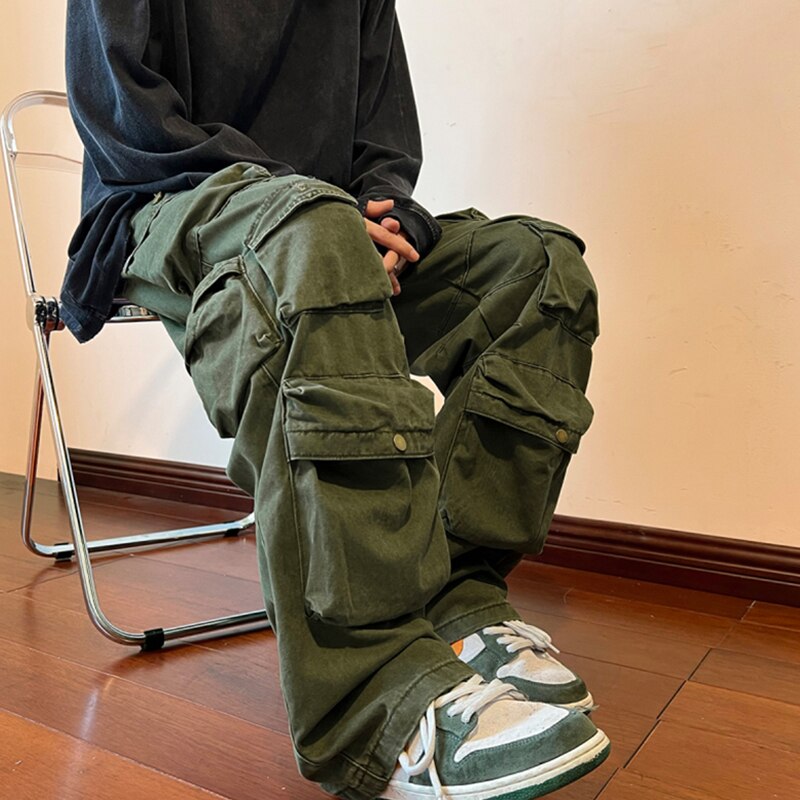 New 2023 Mens Cargo Pants Multi Pockets Harajuku Vintage Loose Wide Leg Streetwear Casual Hip Hop Trousers