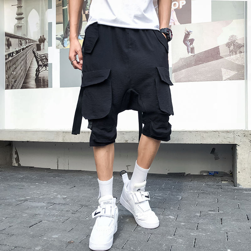 Techwear Black Cargo Shorts Pants Men Hip Hop Cargo Trousers Male Harajuku Hippie Japanese Pocket Ribbon Harem Pants