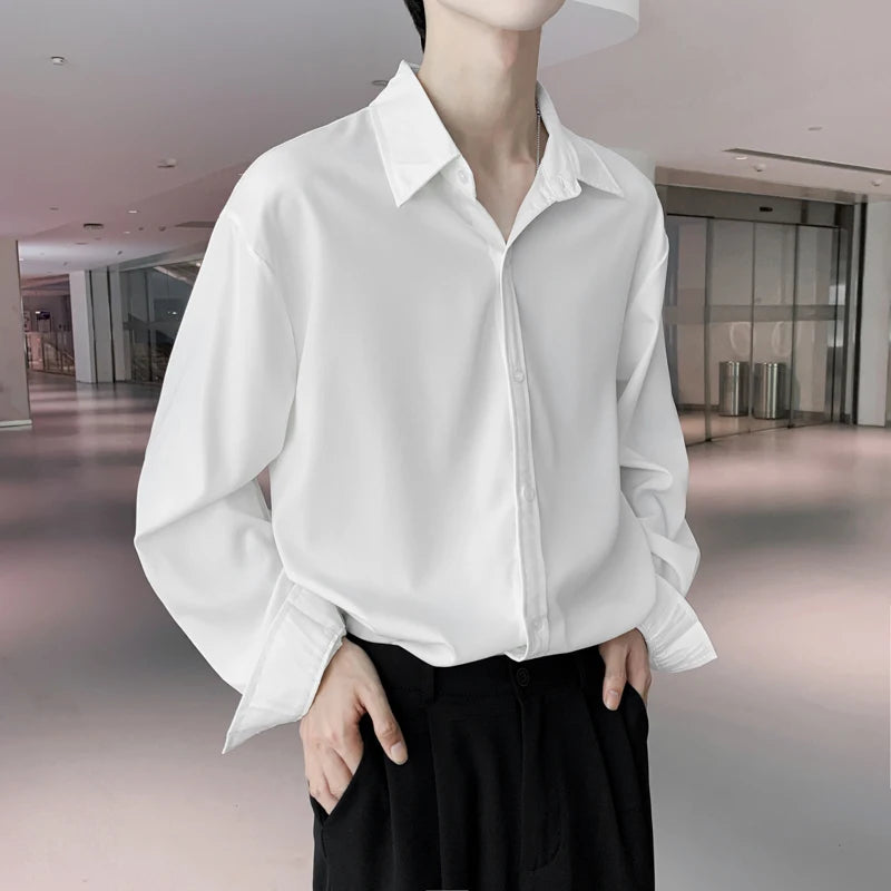 Men Black Solid Shirt Single Breasted Long Sleeved Shirts Korean Comfortable Blouses Men Casual Loose Daily Simple Shirt