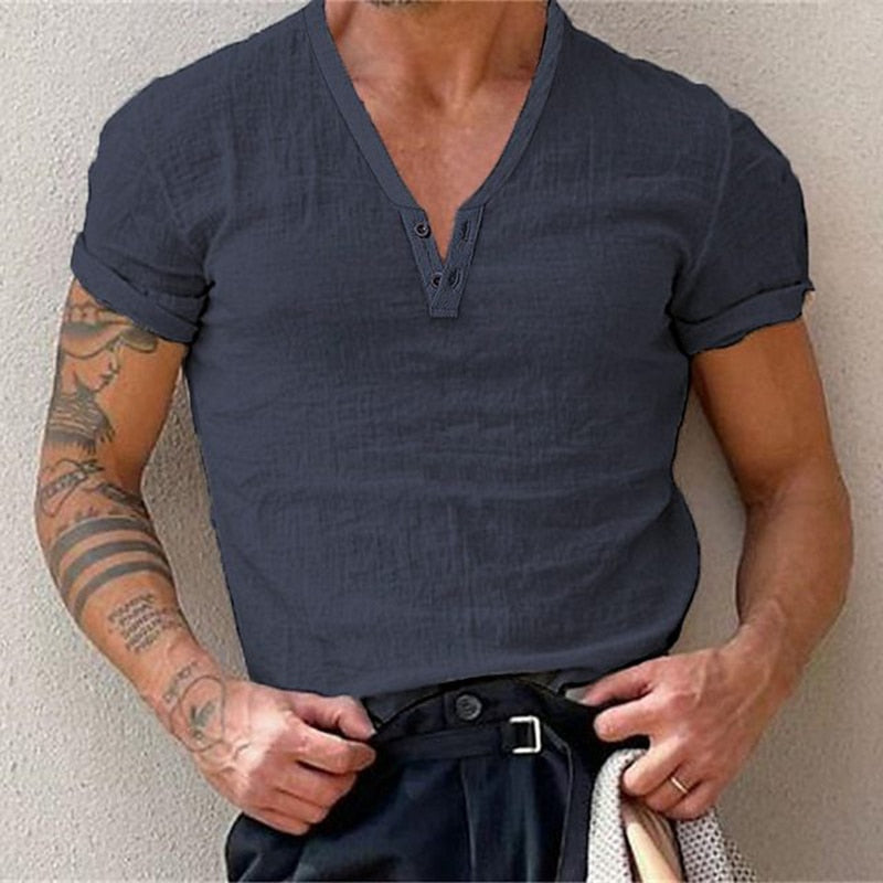 Vintage Design Cotton Linen Mens T Shirt Casual Solid Color V Neck Buttoned T-shirts Summer New Fashion Slim Short Sleeve Tops
