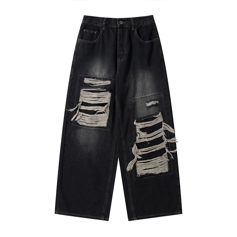 2023 American High end Perforated Denim Pants for Men's Design Sense Small and Loose Wide Leg Straight Leg Pants hiphop