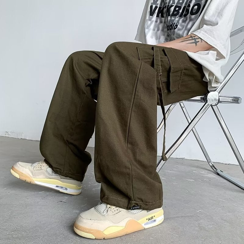 Japanese casual Cargo pants for women with a sense of small design Multi pocket leggings drawstring wide leg ulzzang pants loose