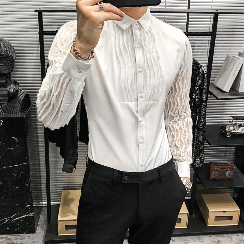 Sexy Transparent Stripe Shirt Men 2023 Harajuku Fashion White Button Down Korean Long Sleeve Casual Dress Shirt Singer Costume