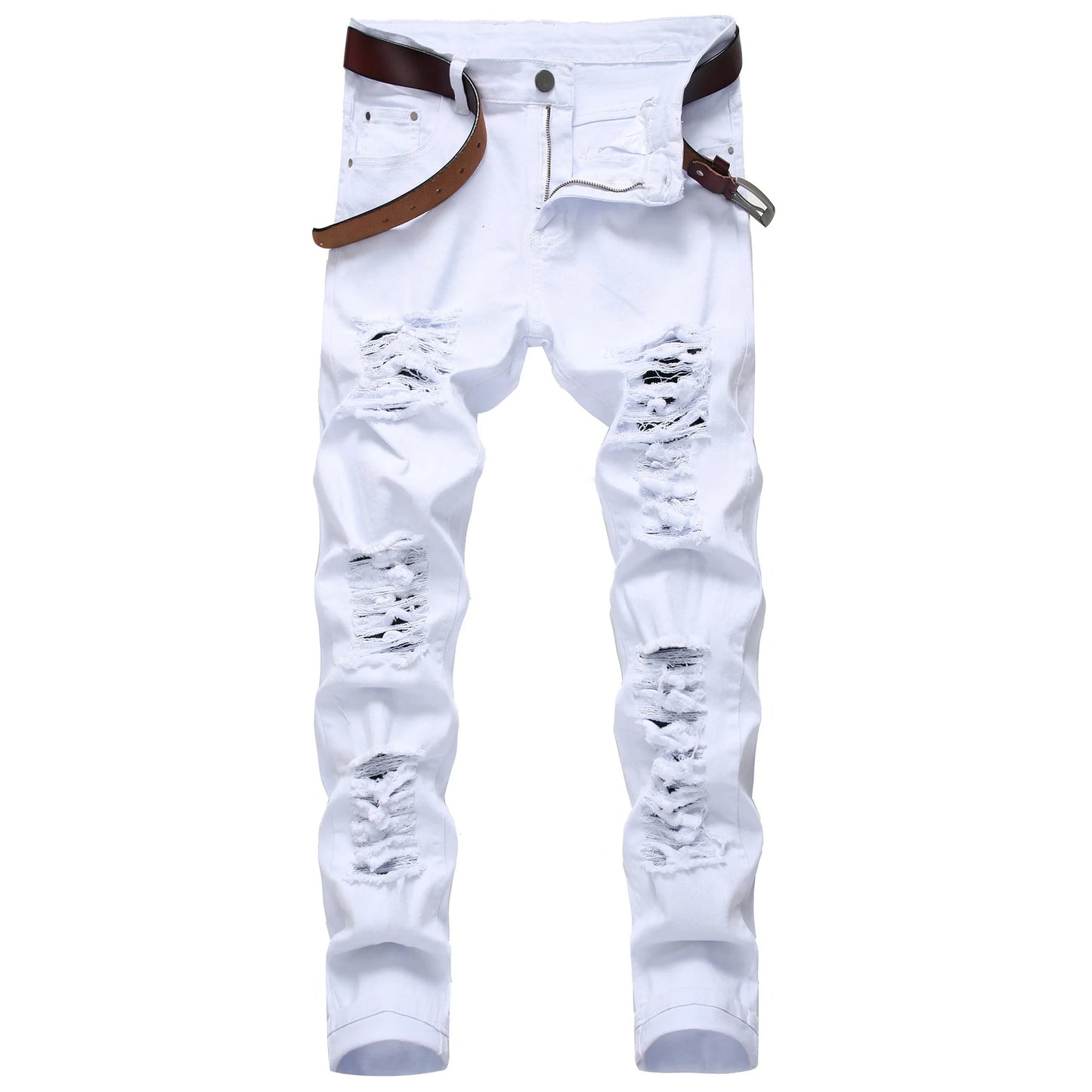 FORUWISH  -  Men's White Jeans Fashion Hip Hop Ripped Skinny Men Denim Trousers Slim Fit Stretch Distressed Zip Men Jean Pants High Quality