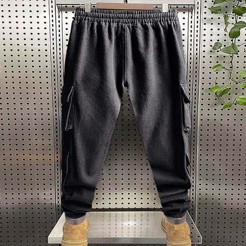 Men's Summer Trend Loose Vintage Solid Color Casual Fashion Sports Spliced Pocket Elastic Waist Drawstring Youth Cargo Trousers