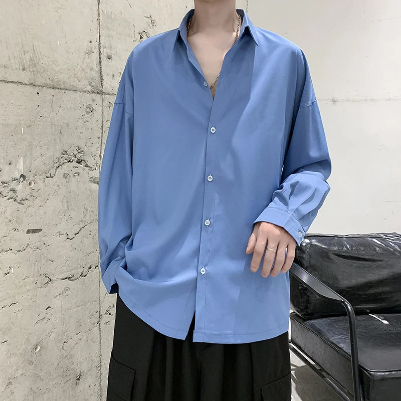 Spring  Summer New Men's Casual Blouse Shirt Solid Loose Tops Long Sleeve Shirts Autumn Casual Handsome Men Shirt 4 Colors