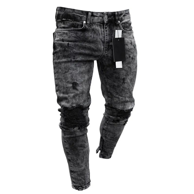 FORUWISH  -  Fashion Street Style Knee Ripped Skinny Jeans Men Vintage Wash Solid Denim Trouser Mens Casual Slim Jogging Pants Men Clothes