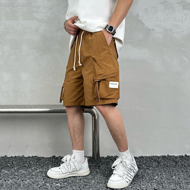 Tooling Shorts Men's Summer Loose Solid Color Five-point Beach Pants Trendy Ins Drawstring Multi-Pocket Short Pants Male