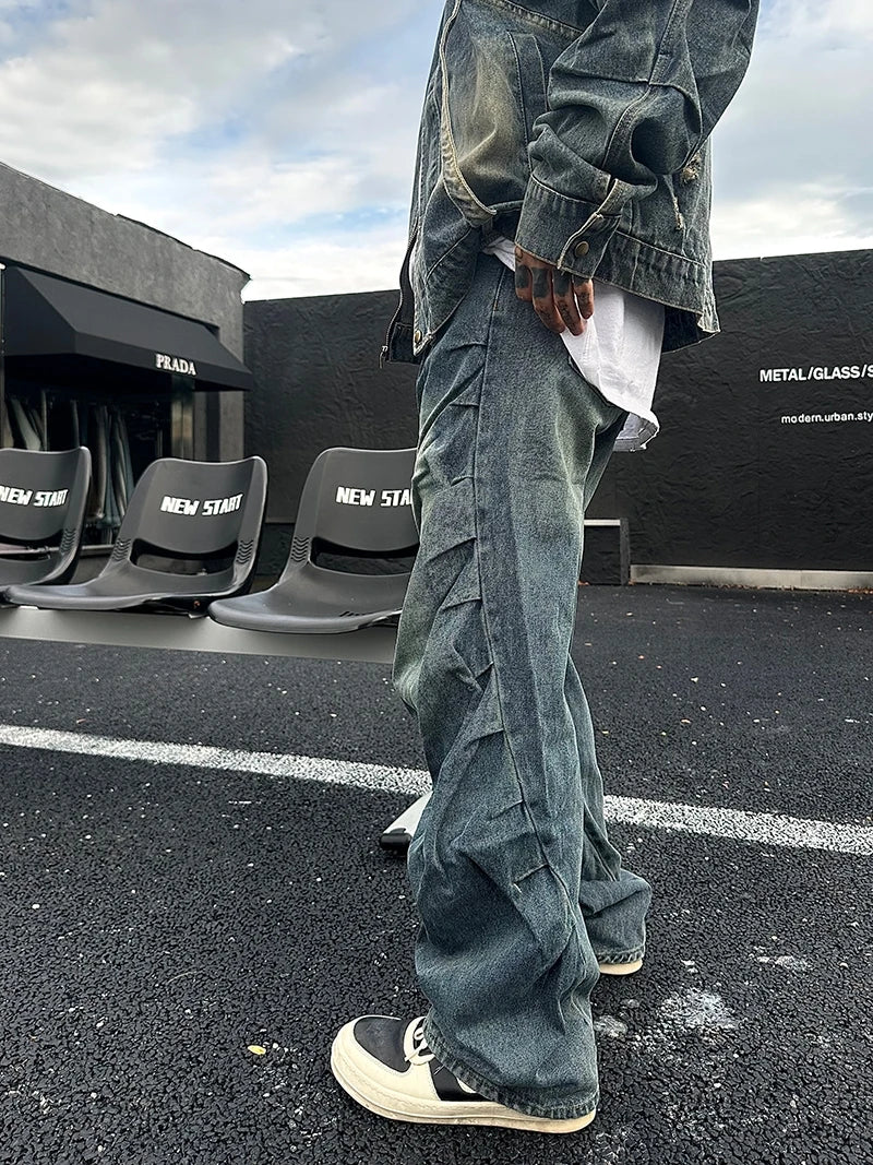 White Crane Big American Hip Hop Street Pleated Washed Jeans Men's Rugged and Handsome Straight Leg Pants In Fashion