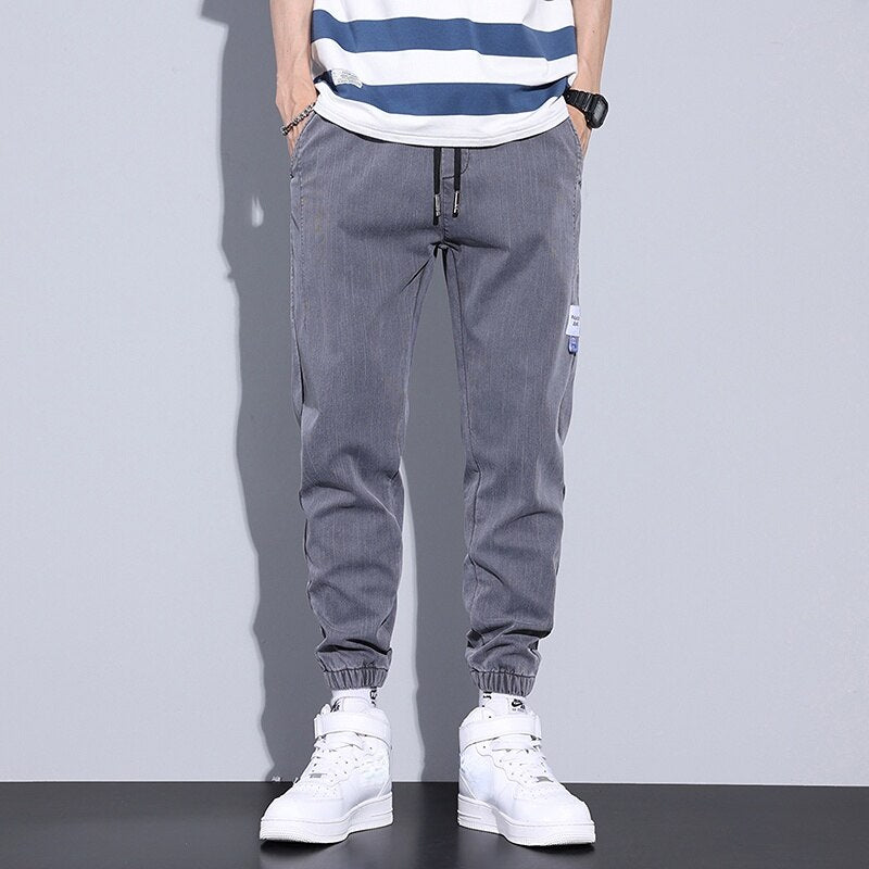 Spring Summer Jeans Men Cotton Thin Elastic Drawstring Waist Beam Feet Light blue Loose Joggers Sports Cargo Trousers Male