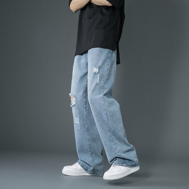 Spring Summer Men's Ripped Wide Leg Jeans Korean Trend Straight Baggy Denim Pants Male Vintage Blue Trousers