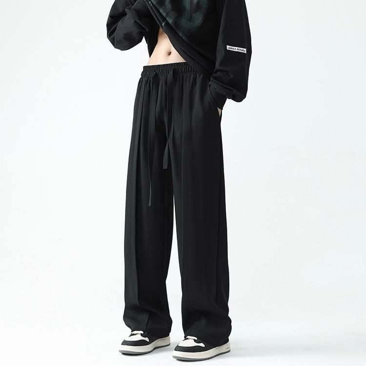 Autumn Summer Spring Casual Soft Solid Men's Cool Boys Waist Loose Suit Wide Leg Pants Sagging AllSeason Versatile Drawstring