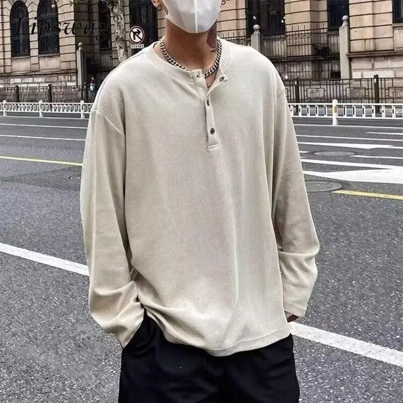 Streetwear Fashion Sweatshirt Men Vintage Crew Neck Button-up Oversize Hoodie Spring Autumn Casual Loose Long Sleeve Sweatshirts