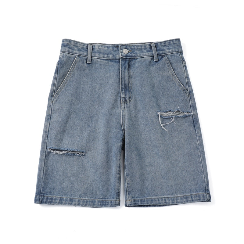 Summer New Streetwear Baggy Short Jeans Men Korean Fashion Loose Straight Wide Leg Denim Shorts Male Brand Black Blue