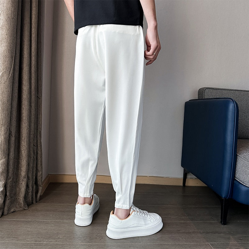 Summer Ice Silk Ultra-thin Men's Casual Suit Pants 2023 Fashion Zipper Beam Feet Street Harem  Ankle Length Trousers Black White