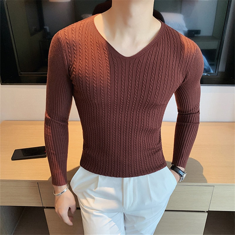 High Quality Men's Knitted Pullovers Fashion Slim Fit V Neck Sweaters Men Autumn Winter Knitting Tops Tees Pullover Sweater Man