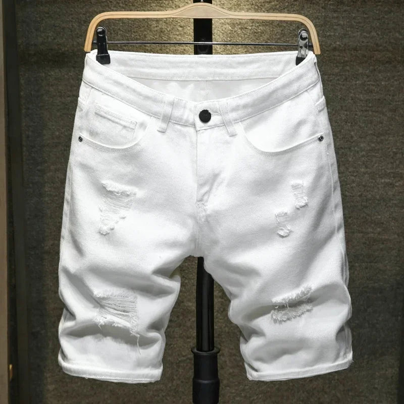 2024 New White Denim Shorts Men Ripped Knee Length Fashion Jeans Casual Hole Slim Male Short Pants Streetwear