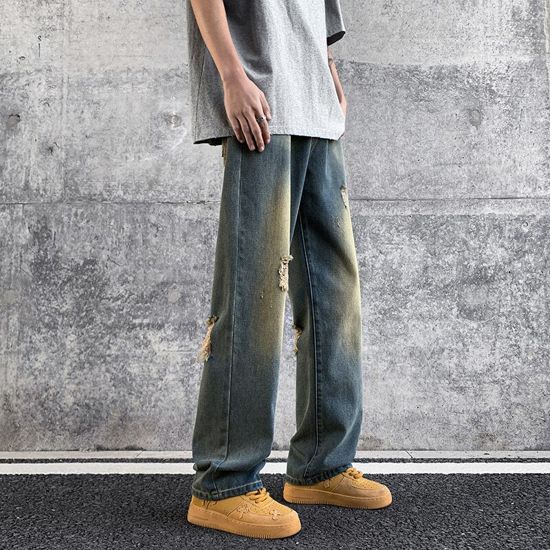 2023 Washed old torn jeans, men's summer American style street ruffians, handsome pants, trendy high street straight pants