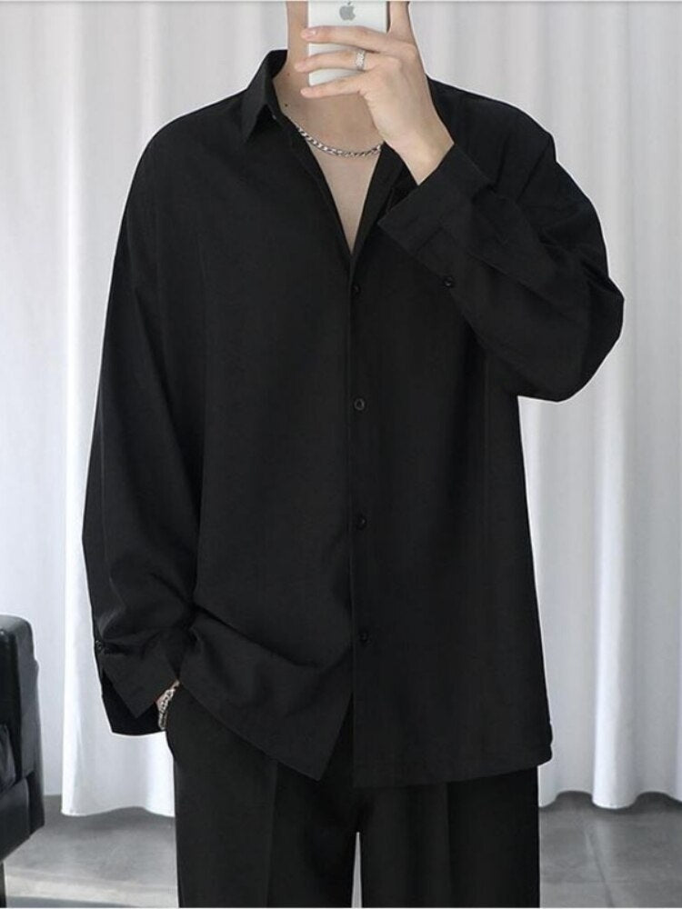 Black Long-sleeved Shirts Men Korean Comfortable Blouses Casual Loose Single Breasted Shirt