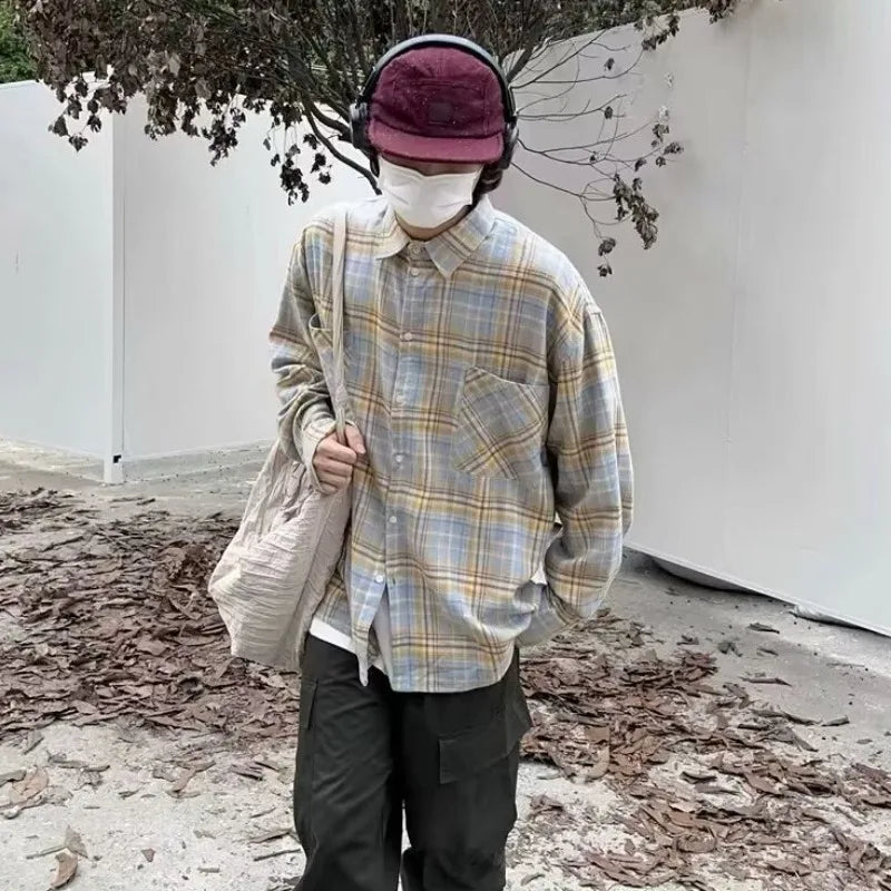 Vintage Plaid Shirts Men Fashion Teens Couples All-match Outwear Streetwear Baggy Y2k Tops Handsome Slouchy Clothing Korean Ins