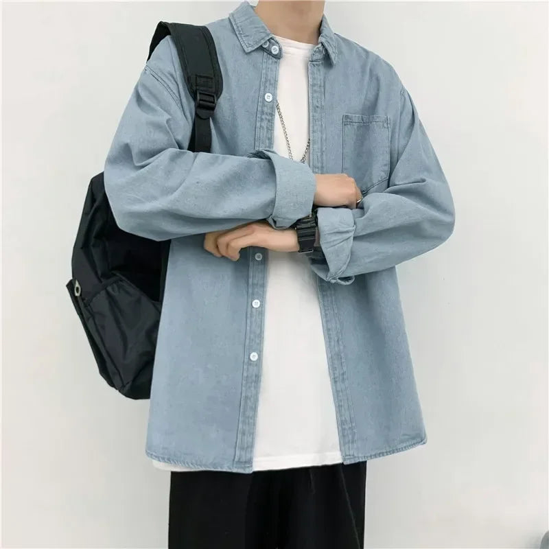 Mens Denim Shirt Fashion Harajuku Long Sleeve Tops Spring Autumn Vintage Baggy Jacket Trend Streetwear Oversized Male Clothing