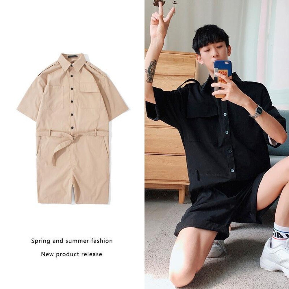 Summer Fashion Men Cargo Overalls Punk Style Pockets Pants Loose Solid Color Short Sleeve Rompers Men Jumpsuit Streetwear 2022