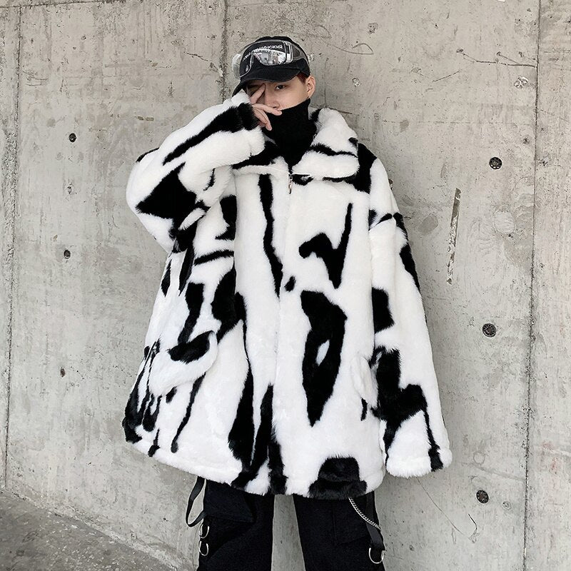 Winter New Lamb Wool Jacket Harajuku Fashion Casual Oversize Pattern Male Thicken Warm Parkas Hip Hop Loose Coat