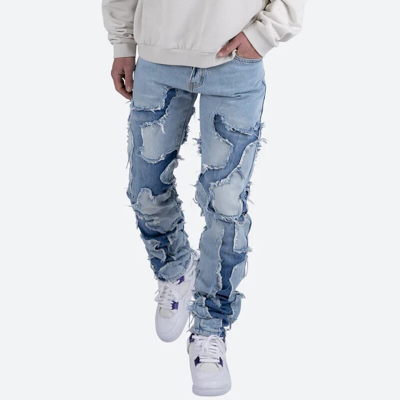 Vibe Style Patchwork Frayed Jeans Pants for Men Retro Washed Hole Ripped Casual Loose Denim Trousers Oversized