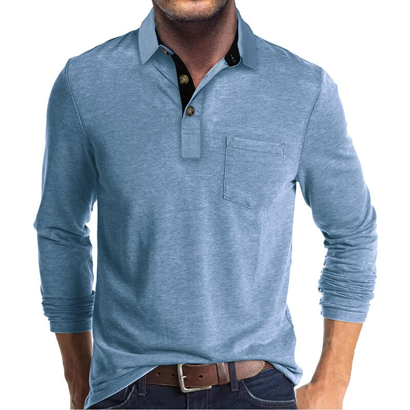 New Autumn Men's Polo Shirts Solid Color Long Sleeve Turn Down Collar Polo Shirts Men Fashion Pocket Casual Slim Tops Tees Man