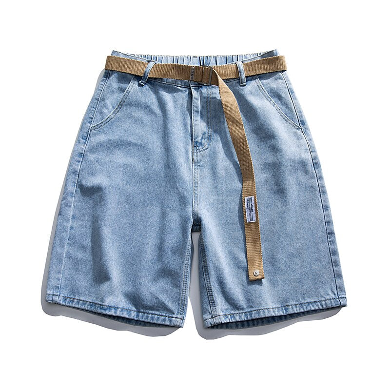 Summer Men's Simple Straight Short Jeans Fashion Casual Belt Decoration Light Blue Baggy Oversize Denim Shorts