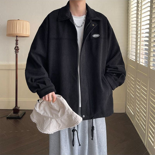 Spring Fashion Men's Casual T-Shirt Loose Soft Versatile Tops Zipper Corduroy Jacket Coat Cool Boys Solid Printi Drawstring