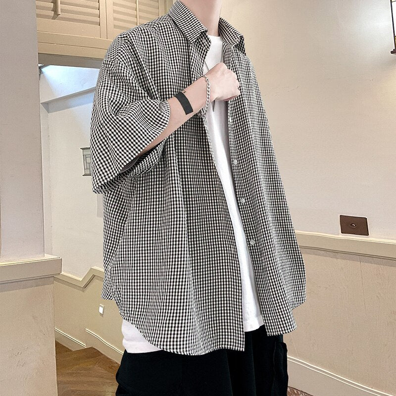 HIP HOP Streetwear Casual Plaid Shirt Men'S Half Sleeve High Quality 2023 Loose Spring Summer Fashion Chemise Homme