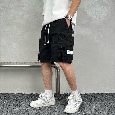 Tooling Shorts Men's Summer Loose Solid Color Five-point Beach Pants Trendy Ins Drawstring Multi-Pocket Short Pants Male