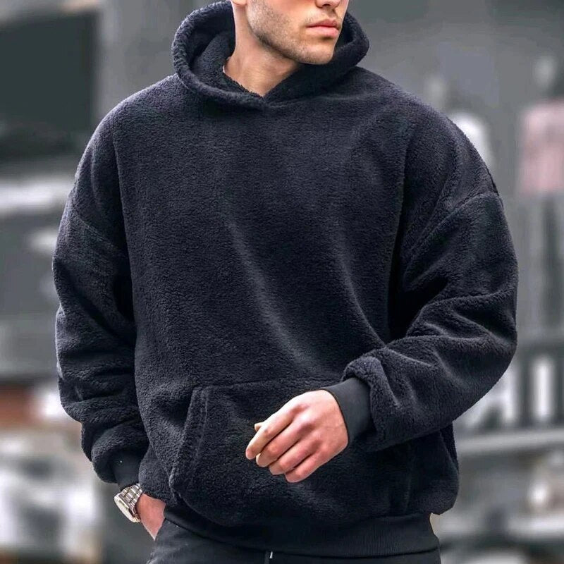 Winter Fleece Hoodie Men Casual Solid Color Loose Oversized Hoodies Top Fall Long Sleeve Fashion Wool Hooded Sweatshirt For Mens