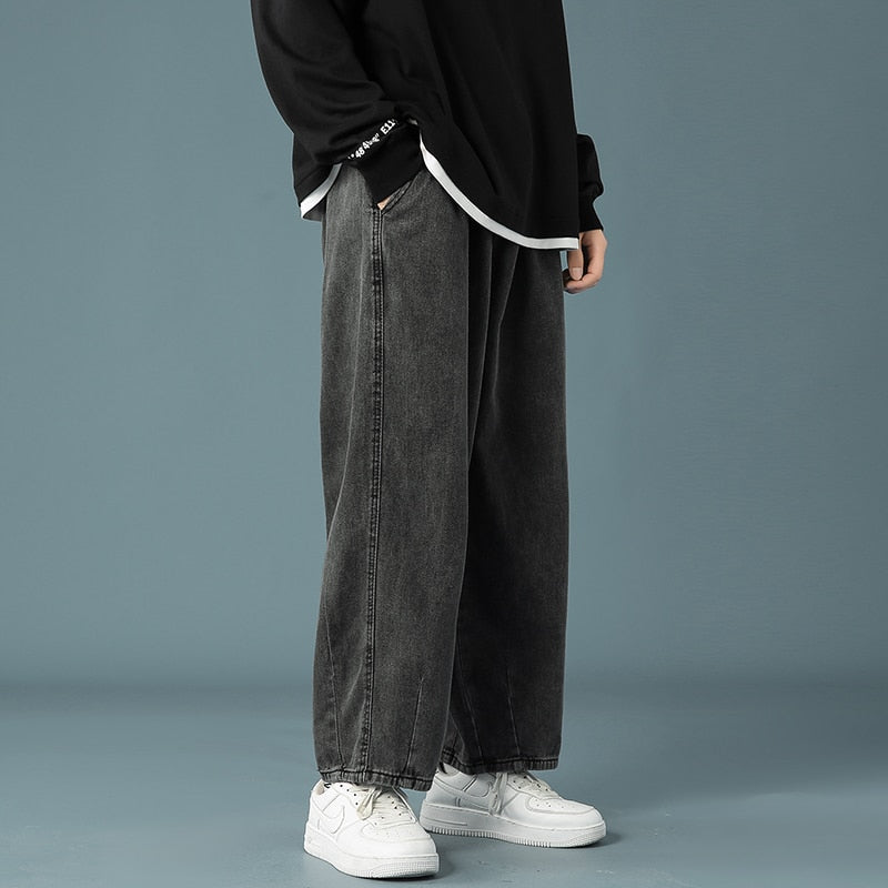 Spring New Men's Baggy Denim Wide Leg Pants Korean Style Elastic Waist Stylish Harem Fit Jeans Skateboard Trouse Male Black