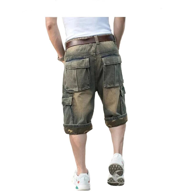 Men's Hip-Hop Wide-leg Denim Shorts Multi-Pocket Cropped Jeans  Loose Cargo Jeans Men Plus Size 44