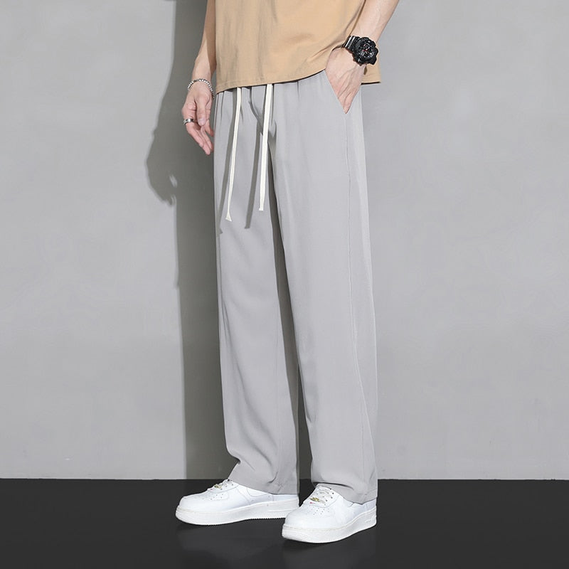 2023 Summer Ultra-thin Men's Pants Baggy Straight Quick Dry Ice Silk Drape Fashion Casual Trousers Comfortable Elastic Waist