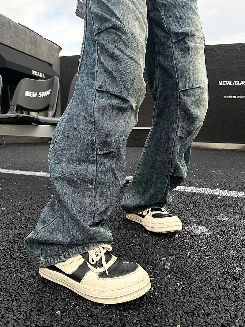 White Crane Big American Hip Hop Street Pleated Washed Jeans Men's Rugged and Handsome Straight Leg Pants In Fashion