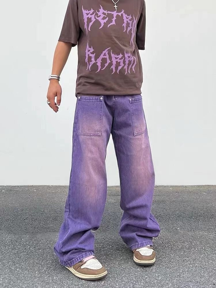 2023 Street made coordinates washed purple jeans for men and women with a unisex style loose fitting bf straight tube fall down