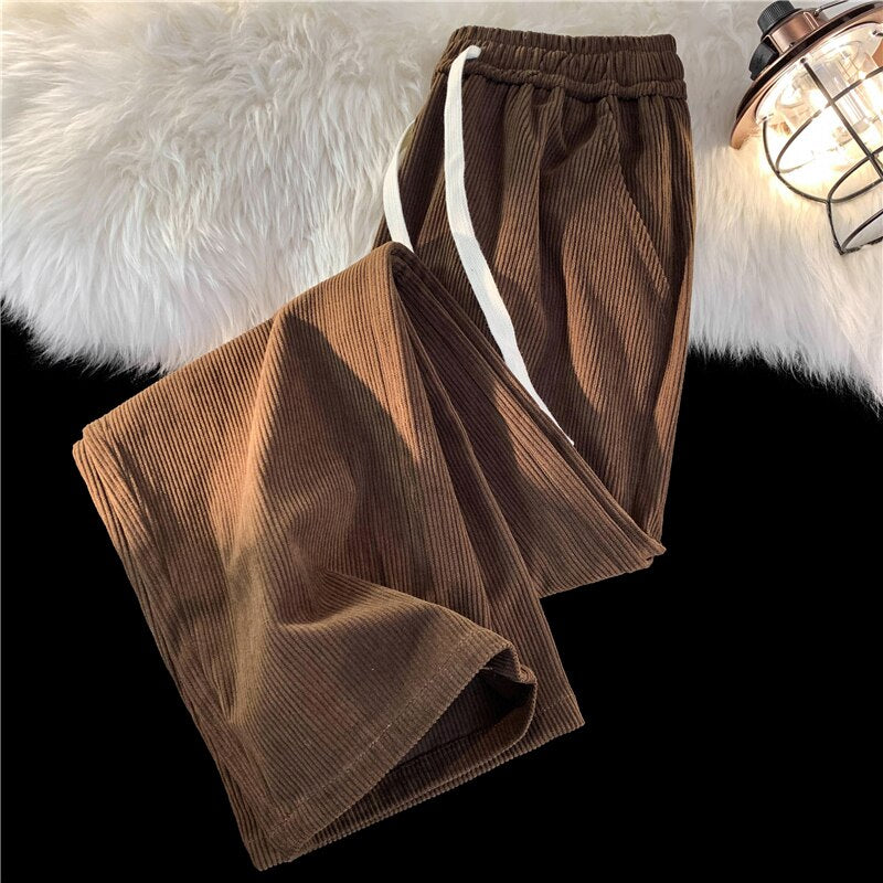 2023 Spring Men's Corduroy Casual Pants Baggy Straight Black Elastic Waist Korean Fashion Streetwear Ankle Wide Leg Sweatpants