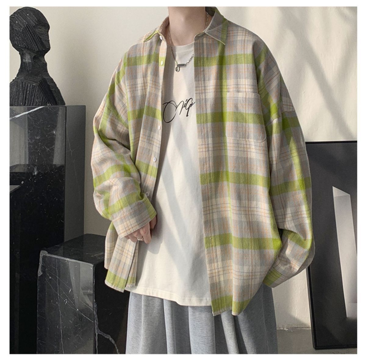 Spring Autumn Men's Casual Loose Versatile Tops Coat Cool Boys Solid Vertical Soft Breathable Plaid Long Sleeve T-Shirt